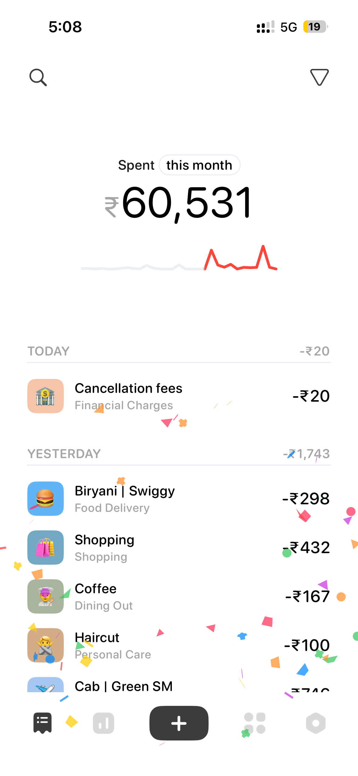 Dime monthly spend screen with today's and yesterday's expenses logged by category
